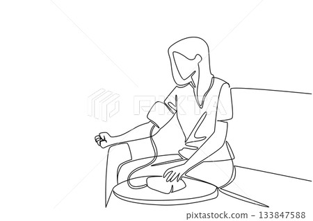 Continuous one line drawing a woman in casual clothes sitting on a sofa and measuring her blood pressure. Health conscious. Check. World Hypertension Day. Single line draw design vector illustration 133847588
