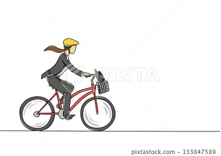 Continuous one line drawing businesswoman with helmet riding a bicycle carrying a briefcase in a basket. Safe mode cycling. National Bike to Work Day. Single line draw design vector illustration 133847589