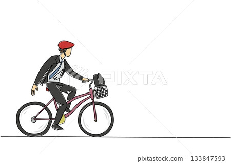 Single continuous line drawing businessman with helmet riding bicycle carrying a briefcase in basket. Keep safety first. Cycling wisely. National Bike to Work Day. One line design vector illustration 133847593