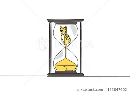 Single continuous line drawing the bottom of the cheetah is sucked into the hourglass. Critical moment for cheetah extinction. National Endangered Species Day. One line design vector illustration 133847602