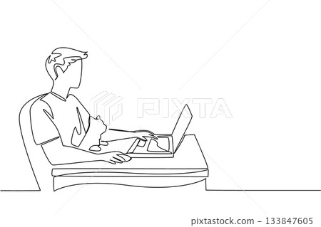 Single one line drawing a man sits on a chair typing on a laptop and hugging a cat. Creating cutting edge applications. Busy. National Work From Home Day. Continuous line design graphic illustration Single one line drawing a man sits on a chair typing on a laptop and hugging a cat. Creating cutting edge applications. Busy. National Work From Home Day. Continuous line design graphic illustration 133847605