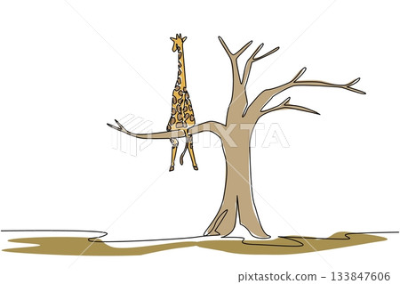 Single one line drawing giraffe sitting on a big dry tree branch. Loss of natural habitat. Climate change is too extreme. National Endangered Species Day. Continuous line design graphic illustration 133847606