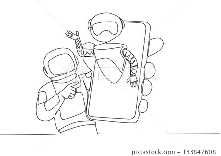 Single continuous line drawing astronaut holds smartphone with robot comes out of screen. Curiosity about space exploration. International Virtual Assistants Day. One line design vector illustration 133847608
