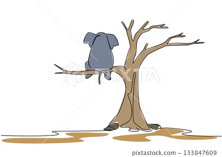 Single one line drawing elephant sitting on large dry tree branch. Massive poaching targets ivory. Climate change. Extinct. National Endangered Species Day. Continuous line design graphic illustration 133847609