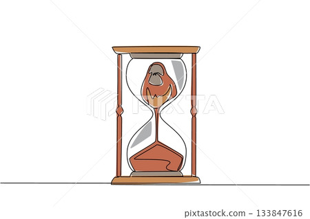 Single continuous line drawing the bottom of the orangutan is sucked into the hourglass. Endemic animals without conservation. National Endangered Species Day. One line design vector illustration 133847616