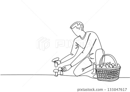 Continuous one line drawing a man picking mushrooms and a rattan basket full of mushrooms. It will be a very delicious dish. National Mushroom Hunting Day. Single line draw design vector illustration 133847617