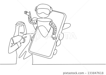 Single one line drawing Arab man holding a smartphone with a robot coming out of the screen. Customer convenience. International Virtual Assistants Day. Continuous line design graphic illustration Single one line drawing Arab man holding a smartphone with a robot coming out of the screen. Customer convenience. International Virtual Assistants Day. Continuous line design graphic illustration 133847618