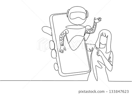 Continuous one line drawing woman holds smartphone with robot coming out of the screen. Technological sophistication. International Virtual Assistants Day. Single line draw design vector illustration Continuous one line drawing woman holds smartphone with robot coming out of the screen. Technological sophistication. International Virtual Assistants Day. Single line draw design vector illustration 133847623