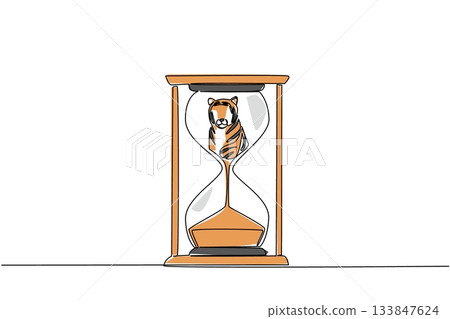 Continuous one line drawing the bottom of the tiger is sucked into the hourglass. Habitat loss due to deforestation. Save. National Endangered Species Day. Single line draw design vector illustration Continuous one line drawing the bottom of the tiger is sucked into the hourglass. Habitat loss due to deforestation. Save. National Endangered Species Day. Single line draw design vector illustration 133847624