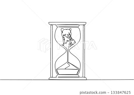 Continuous one line drawing lower body of leopard is sucked by sand in hourglass. Destruction of forests to become bare. National Endangered Species Day. Single line draw design vector illustration 133847625