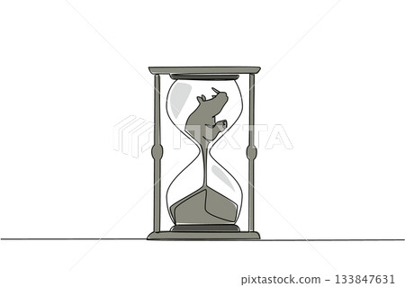 Single one line drawing the bottom of the rhinoceros is sucked into the hourglass. High poaching for horns. Extinction. National Endangered Species Day. Continuous line design graphic illustration 133847631