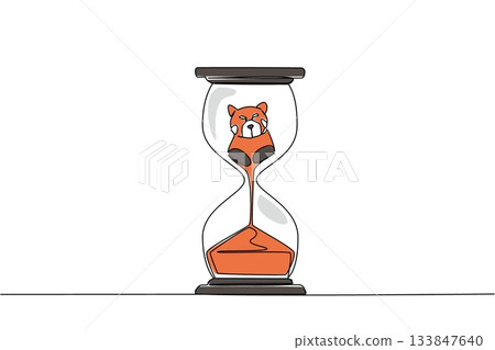Single continuous line drawing lower body of red panda is sucked by the sand in the hourglass. Climate change causes habitat loss. National Endangered Species Day. One line design vector illustration 133847640