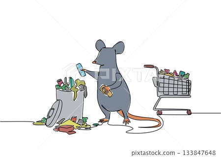 Single continuous line drawing rats throw rubbish from the box in the trolley into the trash can. Throw garbage in its place. Environment. National Pack Rat Day. One line design vector illustration 133847648