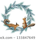 Hand drawn wreath of spruce branches and squirrels. Watercolor illustration. Perfect for winter cards. 133847649