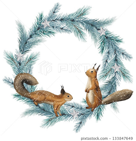 Hand drawn wreath of spruce branches and squirrels. Watercolor illustration. Perfect for winter cards. 133847649
