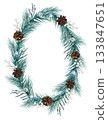 Hand drawn wreath of spruce branches and fir cones. Watercolor illustration. 133847651