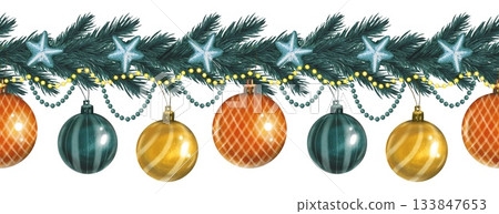 Hand drawn seamless border with fir branches, Christmas tree balls. Watercolor illustration. Hand drawn seamless border with fir branches, Christmas tree balls. Watercolor illustration. 133847653