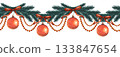 Hand drawn seamless border with fir branches, red  Christmas tree balls. Watercolor illustration. 133847654