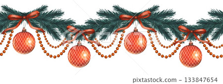 Hand drawn seamless border with fir branches, red Christmas tree balls. Watercolor illustration. Hand drawn seamless border with fir branches, red Christmas tree balls. Watercolor illustration. 133847654