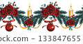 Hand drawn Christmas seamless border with fir branches, red roses, candles, fir tree decorations. Watercolor  133847655