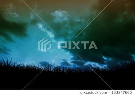 Silhouette of tall grass is lining moody meadow horizon in flat design, with rolling clouds 133847660