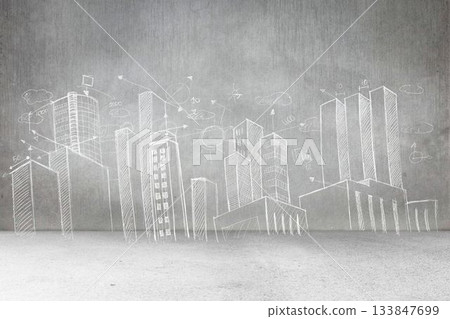 White chalk line drawing of city skyline is spanning grey concrete wall, showing arrows and circles 133847699