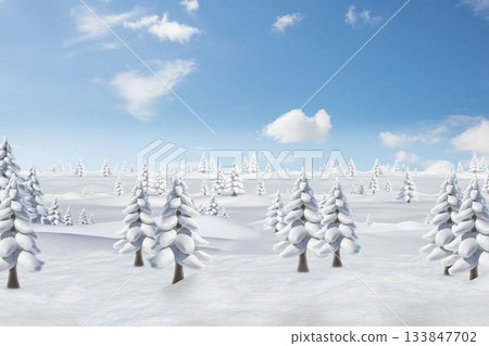 Three central conifer trees are standing in flat design snowy hills under bright blue sky Three central conifer trees are standing in flat design snowy hills under bright blue sky 133847702
