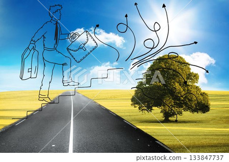Comic man climbing stairs over road Comic man climbing stairs over road 133847737