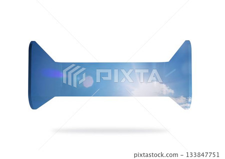 Sky-textured bar shape is floating above white floor, flat design featuring lens flare, copy space 133847751