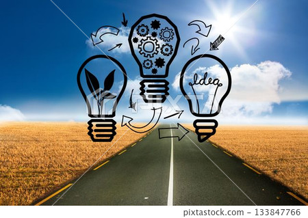 Showing road running through golden fields under blue sky linking three bulbs with plant gears Idea Showing road running through golden fields under blue sky linking three bulbs with plant gears Idea 133847766
