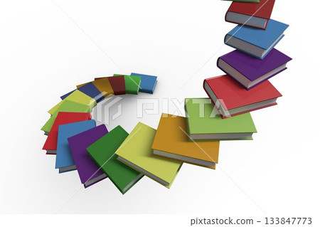 Spiral arrangement of colorful hardcover books curving across white studio, showing vertical stack 133847773