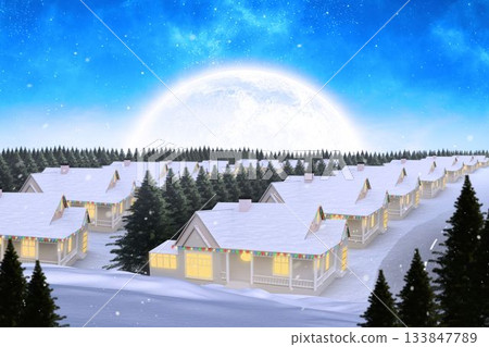 Row of holiday cabins is glowing in vector flat design winter night scene, with string lights Row of holiday cabins is glowing in vector flat design winter night scene, with string lights 133847789