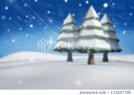 Cluster of three snow-covered pines is standing in flat winter night with snowflakes, copy space 133847790