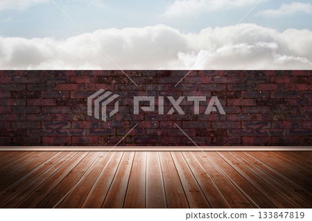 Flat design wooden deck is extending to red brick wall under bright sky with white clouds Flat design wooden deck is extending to red brick wall under bright sky with white clouds 133847819