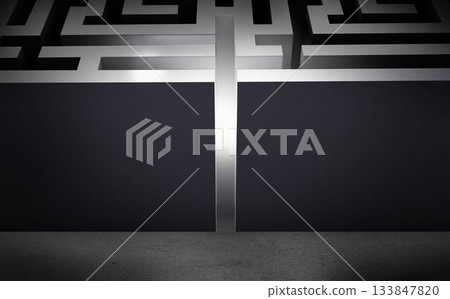 Minimalistic 3D render of maze is revealing narrow illuminated gap through dark labyrinth walls 133847820