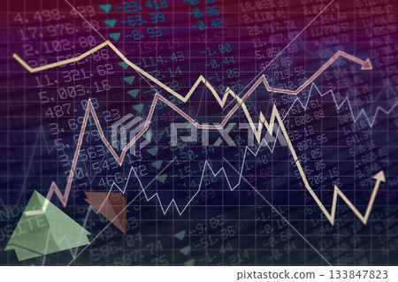 Displaying CG financial line chart over dark grid, showing colored lines, stock values, arrow icons 133847823