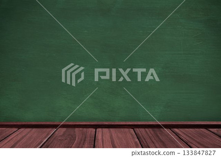 Flat design green chalkboard is featuring scratch marks above wooden baseboard on wood plank floor 133847827