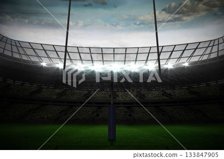 Flat design is showing football goalpost with padded base on turf under floodlit canopy with seats 133847905