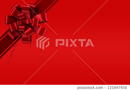 Glossy red bow is sitting on diagonal satin ribbon with curled tails over flat gradient background Glossy red bow is sitting on diagonal satin ribbon with curled tails over flat gradient background 133847938
