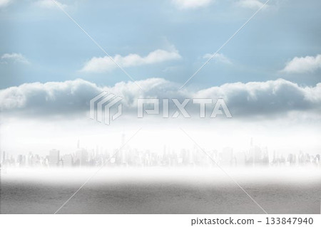Skyscraper skyline is being shown in flat illustration with fog bank over water and cloud cover Skyscraper skyline is being shown in flat illustration with fog bank over water and cloud cover 133847940