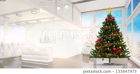 Christmas tree with star topper, ornaments is standing in lobby with recessed lights, snowy windows 133847973