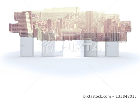 Abstract screen in room showing cityscape Abstract screen in room showing cityscape 133848013