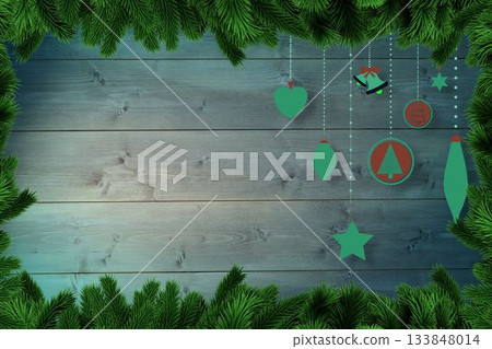 Christmas decorations over wooden planks Christmas decorations over wooden planks 133848014