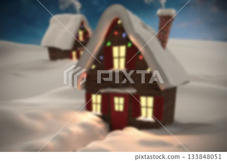 Small cabin glowing, string lights hanging and shutters, smoke rising amid snow and second cabin 133848051