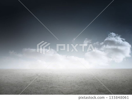 Flat design showing barren cracked earth plain stretching toward horizon under low clouds Flat design showing barren cracked earth plain stretching toward horizon under low clouds 133848061