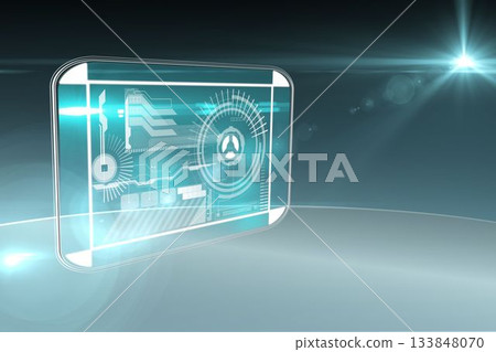 Floating holographic display on reflective surface showing cyan-white gauge, data bars lens flares Floating holographic display on reflective surface showing cyan-white gauge, data bars lens flares 133848070