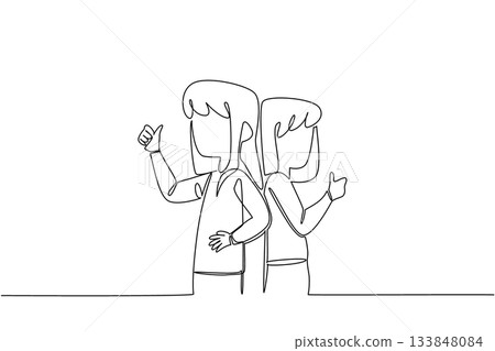 Single one line drawing two sisters turn their backs to each other and make a thumbs up gesture. Pose like a famous model. Support. Fun. Day of Brother. Continuous line design graphic illustration Single one line drawing two sisters turn their backs to each other and make a thumbs up gesture. Pose like a famous model. Support. Fun. Day of Brother. Continuous line design graphic illustration 133848084
