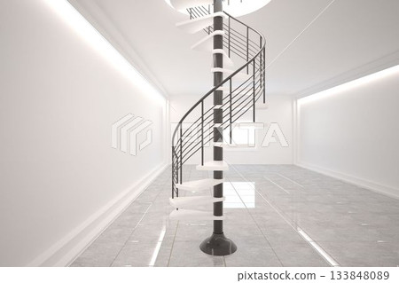 Digitally generated room with winding staircase 133848089
