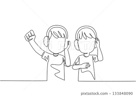 Continuous one line drawing two brothers wearing headphones and each holding his own. Enjoying first electronic gift. Entertainment media. Day of Brother. Single line draw design vector illustration Continuous one line drawing two brothers wearing headphones and each holding his own. Enjoying first electronic gift. Entertainment media. Day of Brother. Single line draw design vector illustration 133848090