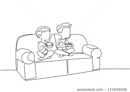 Continuous one line drawing two brothers boys sitting on the sofa and holding game joysticks. Have the same hobby. Playing console games. Day of Brother. Single line draw design vector illustration 133848096